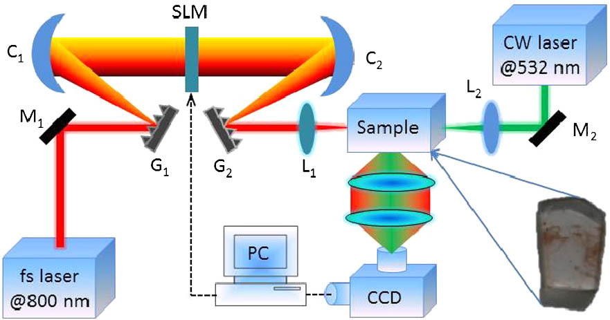 Experimental arrangement for valence state manipulation in Sm3+-doped sodium aluminoborate glass using a femtosecond laser pulse shaping method. C1 and C2 stand for two cylindrical mirrors, M1 and M2 are two circular mirrors, G1 and G2 are two gratings, and L1 and L2 are two focusing lenses. Here, a continuous wave (CW) laser with a wavelength of 532 nm is used to detect the valence state change of Sm3+ ions. The inset shows a picture of the glass sample after the femtosecond laser irradiation.