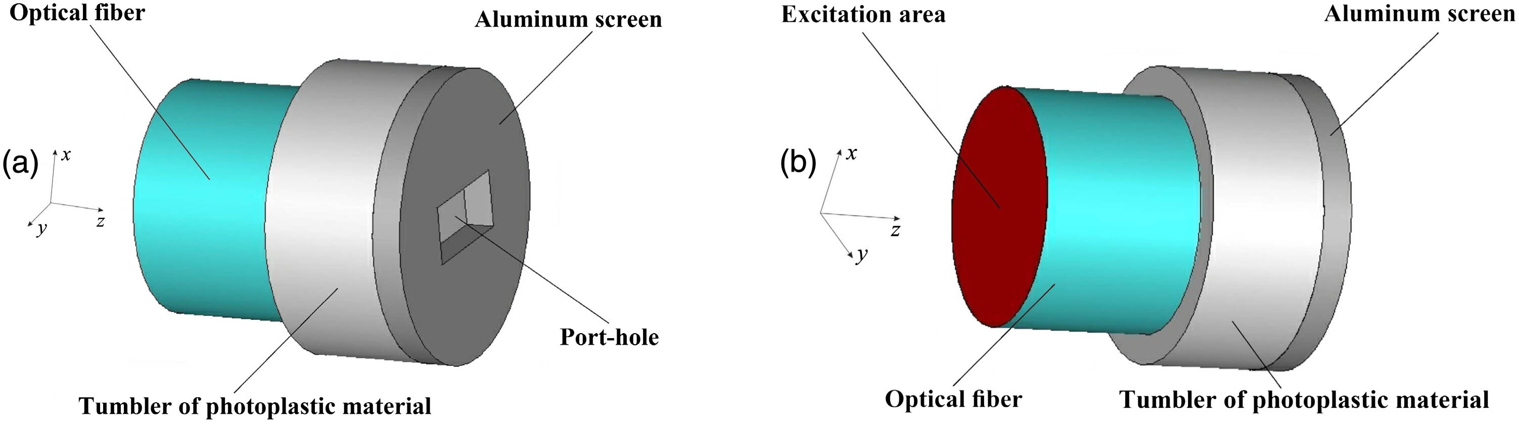 Spatial geometry of the photoplastic connector: (a) view from the PH; (b) view from the excitation area.