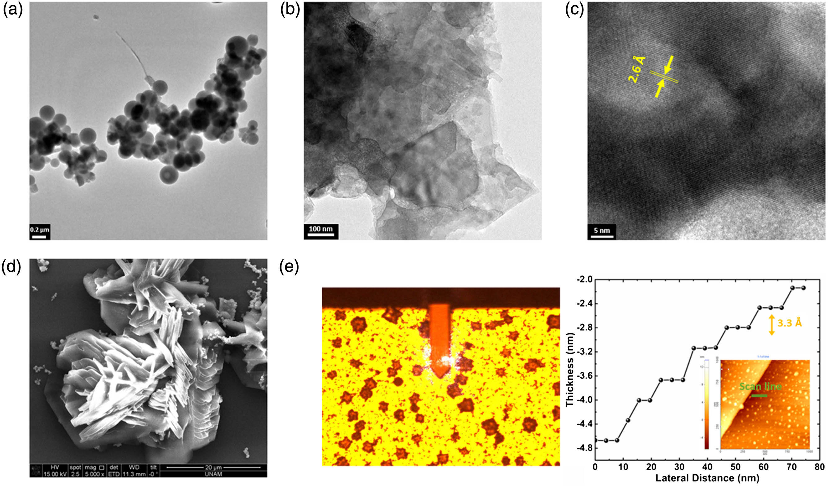TEM images showing the successful formation of (a) laser-ablated NPs and (b) chemically exfoliated NSs. (c) HRTEM image showing the lattice spacing in the synthesized NSs. (d) SEM image of the drop-casted NS solution. (e) AFM measurement results showing the formation of single to a few layers of VSe2 and its thickness profile.