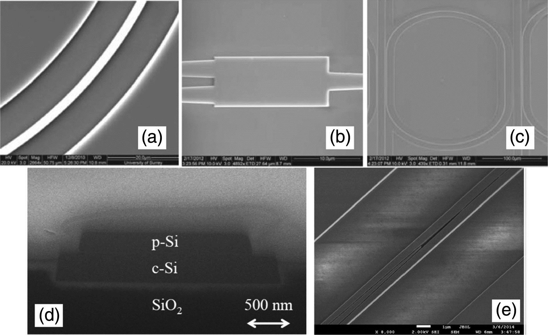 Passive devices on SOI with a thicker silicon layer. SEM images of strip-waveguide-based (a) bending [61]; (b) MMI device [61]; (c) racetrack resonator [61]. (d) SEM cross section image of a waveguide implemented in the imecAP process where the thickness of the p-Si layer is 160 nm and the thickness of c-Si is 220 nm [39]. (e) SEM image of the mode converter between a strip waveguide and a slot waveguide [62]. Figures are reproduced from: (a)–(c) Ref. [61]; (d) Ref. [39]; (e) Ref. [62].