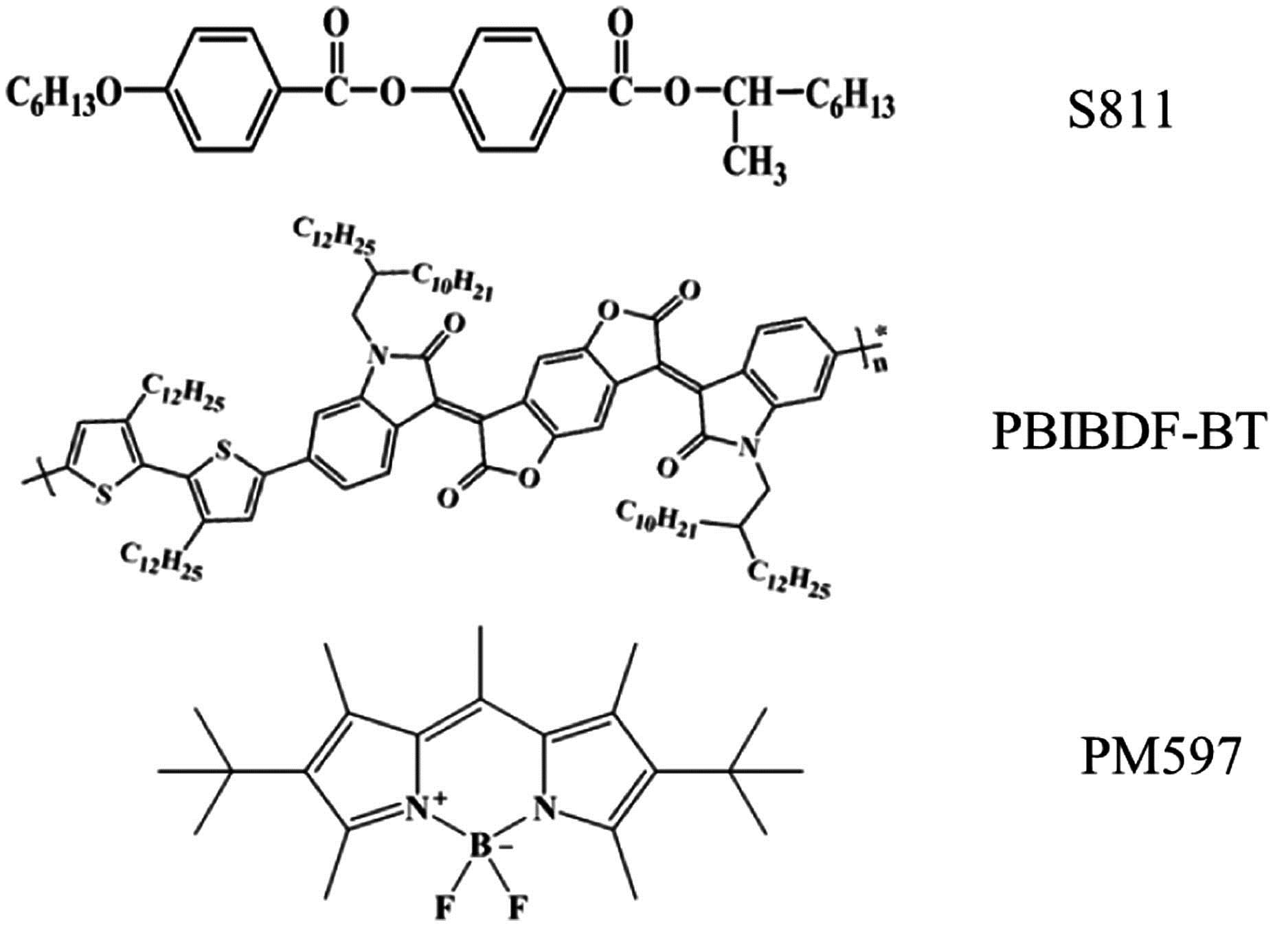 Chemical structures of chiral agent S811, infrared absorbing material PBIBDF-BT, and laser dye PM597.
