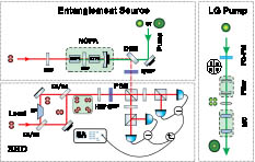 Experimental layout for the generation and characterization of the spatial-mode cluster state. Entanglement is generated using a multimode OPA and measured by BHD detection with spatial tailored local oscillators. LG10 pump reconstruction is shown in the right panel. NOPA: nondegenerate optical parametric amplifier; LO: local oscillator; DBS: dichroic beam splitter; PBS: polarization beam splitter; HWP: half-wavelength plate; QWP: quarter-wave plate; BHD: balanced homodyne detection; DP: Dove prism; SA: spectrum analyzer; FQ-PM: four-quadrant phase mask; MC: HG11−LG10 mode converter.