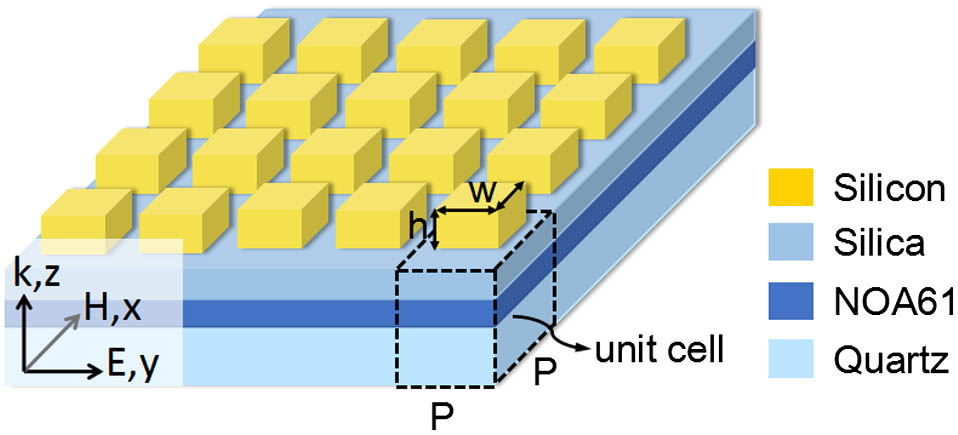 Schematic of the homogeneous metasurface composed of rectangular crystalline silicon posts based on silica film.