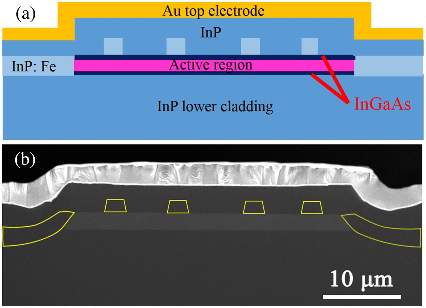 (a) Schematic of device cross section from the facet direction. (b) SEM image of the device facet; region enclosed by the yellow line denotes the regrown InP:Fe.