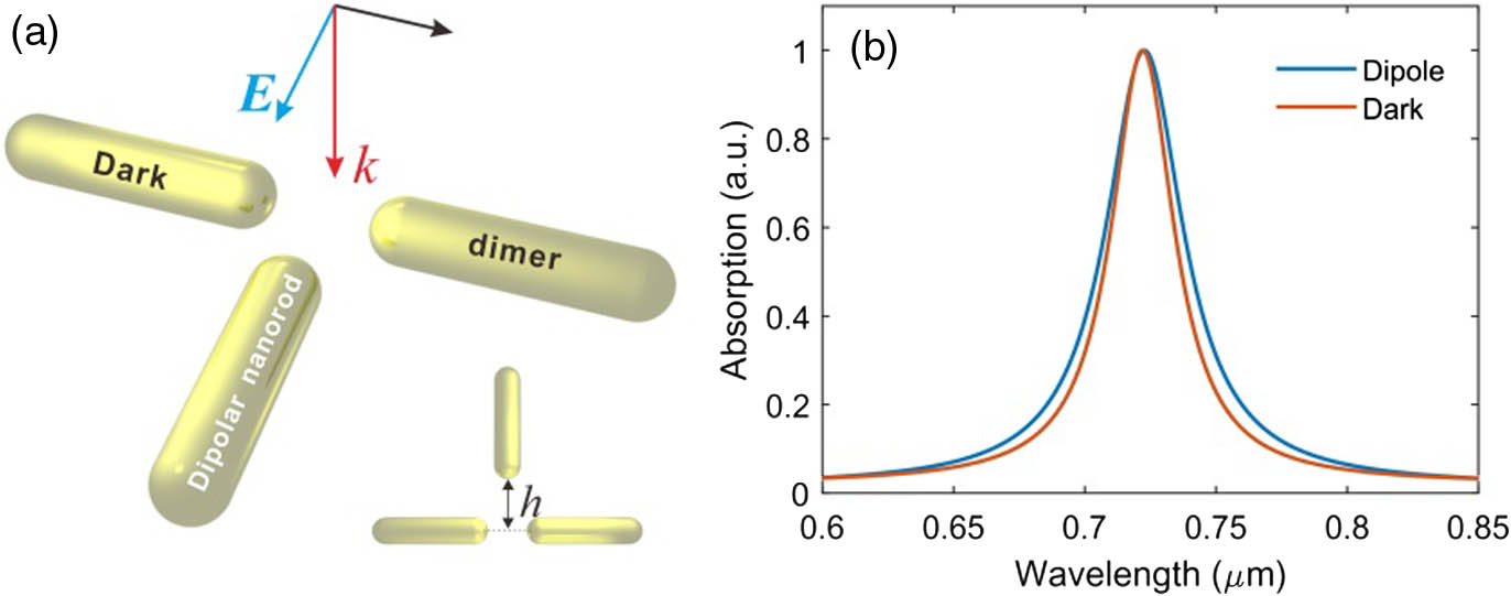 (a) Schematic of plasmonic strong coupling in an Au nanorod structure. A single nanorod is placed along the middle line of the nanorod dimer with a separation of h, as denoted in the inset. A normally incident plane wave with a wave vector k is linearly polarized along the axis of a single nanorod. (b) Absorption spectra of the dipole mode in a single nanorod (blue) and dark mode in a nanorod dimer (red). The rod length and spacing of the dimer are 95 and 30 nm, respectively. The length of the single nanorod is 90.4 nm. The diameter of all nanorods is 20 nm.