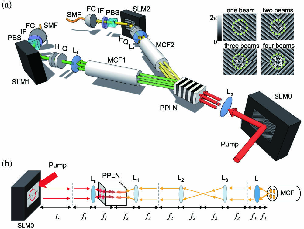 Schematic of the experimental setup. (a) Arrangement of the optical components used to generate and measure the entangled photon pairs between two multicore fibers. (b) Imaging configuration for the pump beam and photons coupled to the fiber cores (L=250 mm, f1=50 mm, f2=75 mm, and f3=15 mm). Inset: phase patterns on SLM0. SLM, spatial light modulator; L, lens; MCF, multicore fiber; Q, quarter-wave plate; H, half-wave plate; PBS, polarizing beam splitter; IF, interference filter; FC, fiber coupler; SMF, single-mode fiber.