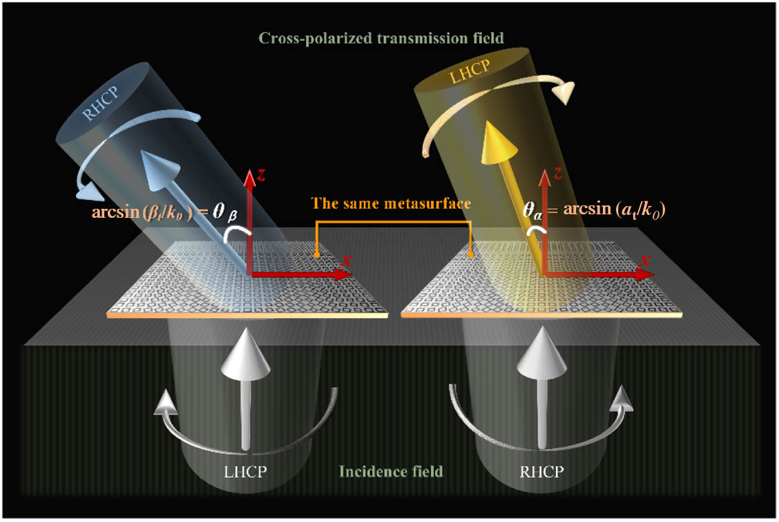 Schematic demonstration of a meta-deflector refracting transmitted wave with orthogonal polarization states into arbitrary and asymmetrical directions.