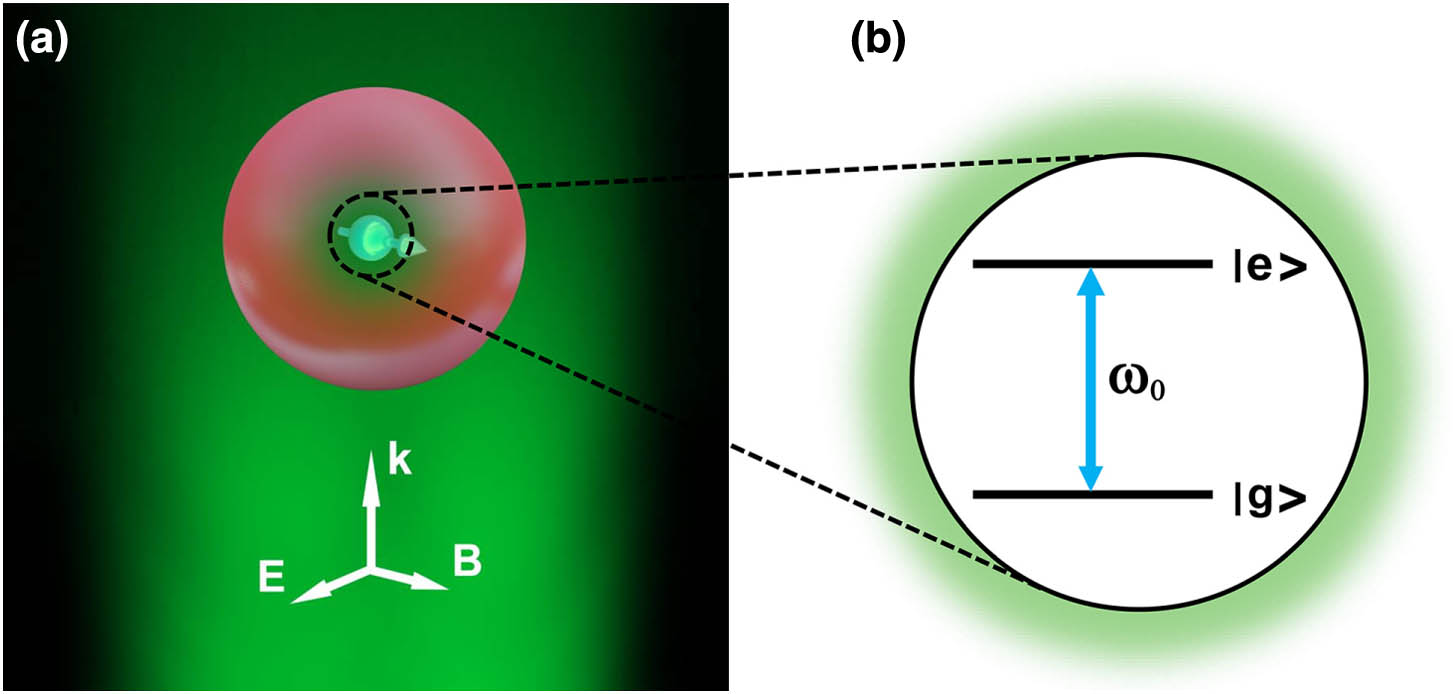 (a) Schematic of a hybrid system under study. (b) Quantum transition of a MD emitter.