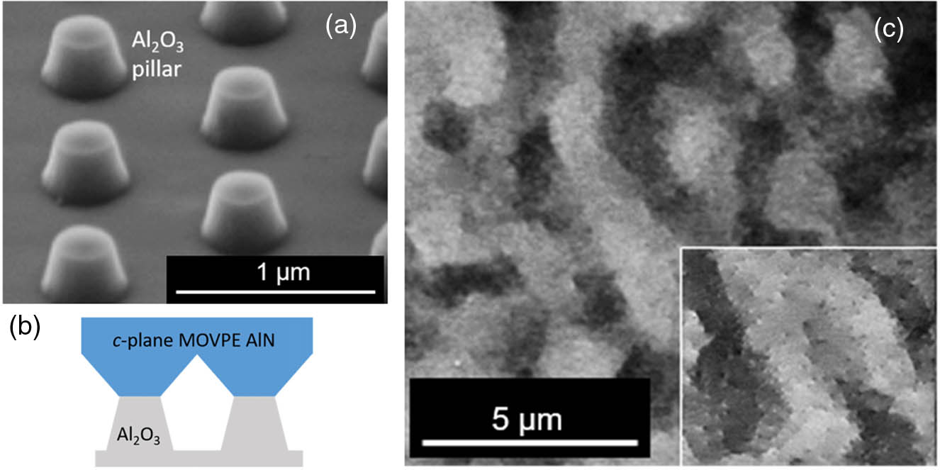 (a) SE image of nPSS, (b) schematic of overgrowth of AlN on nPSS, and (c) ECCI micrograph from an AlN thin film. Inset is on the same scale but with higher resolution.