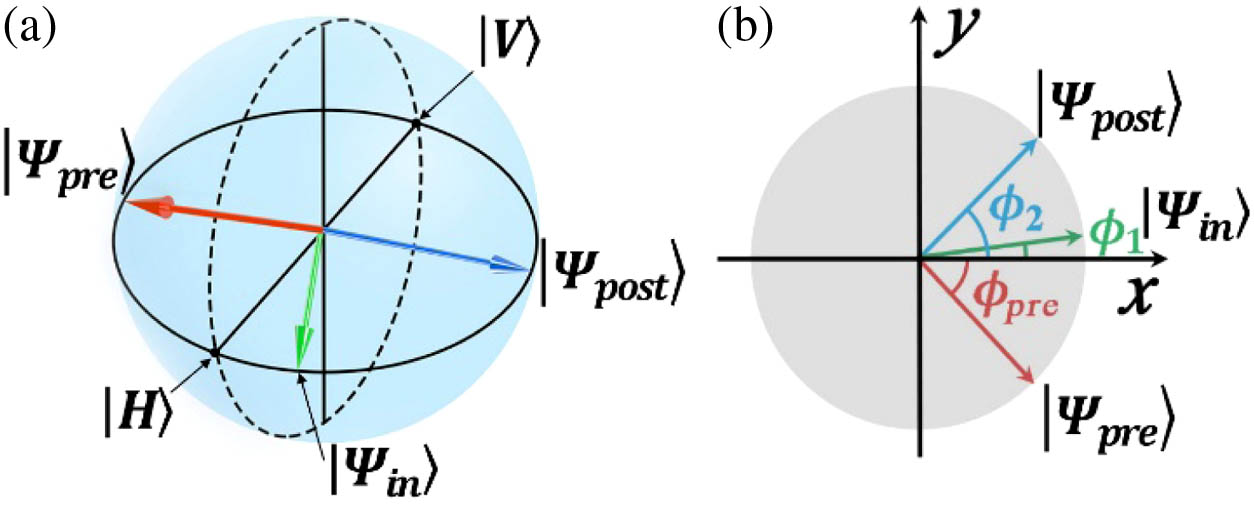 (a) Incident (green arrow), preselection (red arrow), and postselection (blue arrow) states of weak-value amplification represented in Poincare sphere. (b) Corresponding polarization angles.