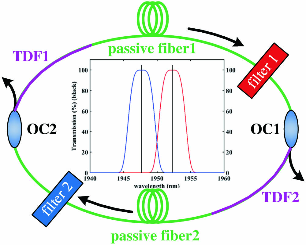 Schematic diagram of the 2-μm fiber ring cavity in a Mamyshev oscillator configuration. OC, optical coupler; TDF, Tm-doped gain fiber; filter 1, longer-wavelength super-Gaussian spectral filter; filter 2, shorter-wavelength super-Gaussian spectral filter; passive fiber, the commercial normal dispersion fiber (NDF).