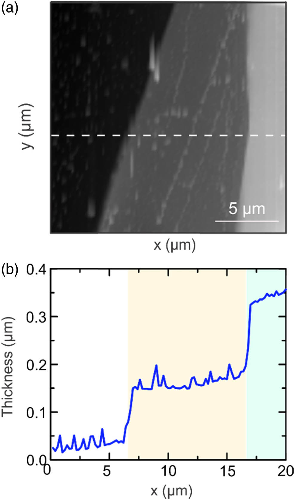 (a) Atomic force microscope (AFM) image of the MoS2 flake for the region of interest. (b) Cross section of the MoS2 flake along the white line in (a).