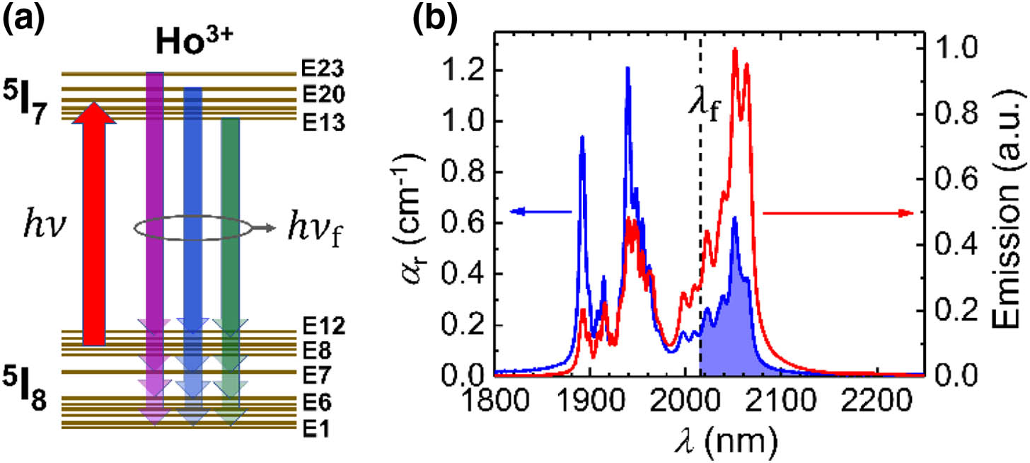 (a) Anti-Stokes fluorescence cooling process in Ho3+ ions; (b) emission (red line) and absorption (blue line) spectra of 1% Ho:YLF crystal at T=300 K (λ=c/ν). The shaded region denotes the cooling tail (λ>λf=2015 nm). Emission spectrum is measured with a scanning optical spectrum analyzer under laser excitation at 1890 nm. The absorption spectrum is directly measured with an FTIR spectrometer under E‖c configuration (c is the optical axis).