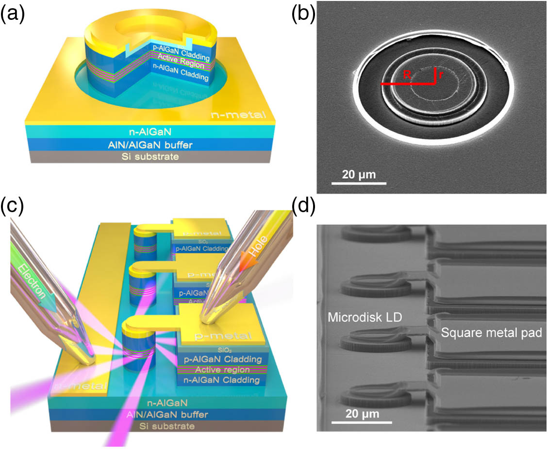 (a), (c) Schematics and (b), (d) SEM images of the (a), (b) microring LD and (c), (d) microdisk LDs with air-bridge electrodes.