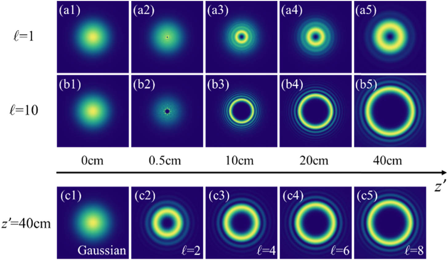 Simulation results. The propagation evolution in free space of the vortex beam with l=1 (a1)–(a5) and l=10 (b1)–(b5), respectively. The intensity distributions of the (c1) Gaussian-shaped pump beam and (c2)–(c5) OAM-carrying Stokes signal beams with different orders at the propagating distance of 40 cm, respectively.