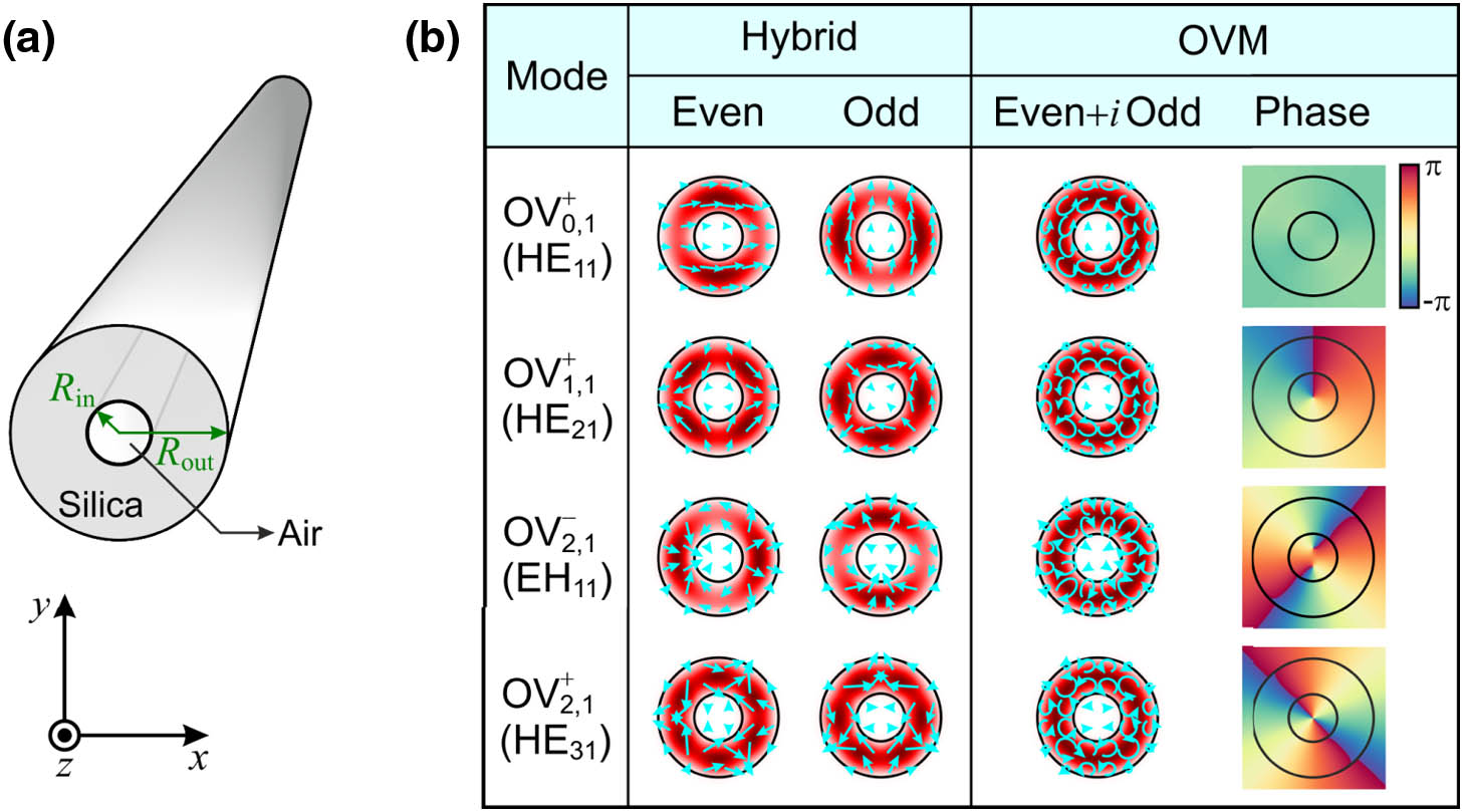 (a) Silica-glass subwavelength-hole waveguide (SWHW) suspended in the air, together with the Cartesian coordinates. (b) Intensity profiles of the circularly polarized fundamental mode and the three lowest-order optical vortex modes (OVMs), together with the corresponding compositions of the conventional even/odd hybrid modes for λ=1550 nm, Rin=1.2 μm, and Rout=3.0 μm. The light blue arrows represent the electric field distributions for the hybrid modes and the polarization states of the transverse electric fields for the OVMs. The rightmost column corresponds to the phase pattern of the x component of the electric field, arg(Ex).
