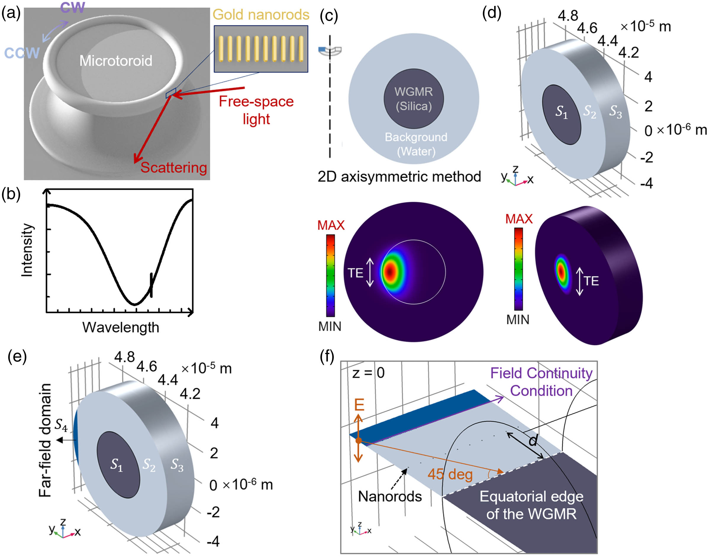 Free-space coupling to a WGM microtoroid optical resonator via a phased array of gold nanorods. (a) Schematic view. (b) Collection of far-field scattering from the grating shows the Fano resonance corresponding to the interference between the grating and WGM resonances. (c) Established 2D axisymmetric simulations identify a resonance of the bare WGM at λ2≈633 nm, corresponding to an azimuthal mode number m=660. (d) The FloWBEM simulation of the same bare toroid as in panel (c). Surfaces S1 and S2 are simulated with Floquet boundary conditions, and S3 is simulated with scattering boundary conditions. (e) For simulating the driven system, a far-field domain (S4) is added at the circumference, replacing the Floquet and scattering boundary conditions for that region. (f) Nanorods are placed in the equatorial plane, between the light source, which is incident at 45°, and the silica toroid. A field continuity condition is applied between the light source and the domain surrounding the toroid.