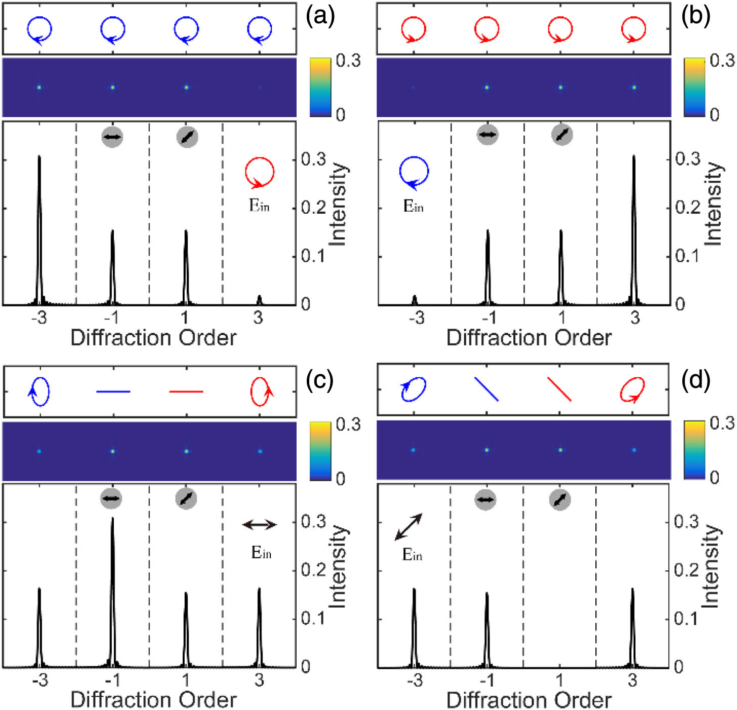 Calculated intensities and polarization states of the diffraction orders (±1, ±3) through GPOE for the incident light with (a) LCP, (b) RCP, (c) 0°, and (d) 45° LP, respectively. In each subfigure, polarization ellipses and intensities are shown in top and middle panels, while the bottom panels show intensities through 0° and 45° polarizers indicated by gray circles and arrows.