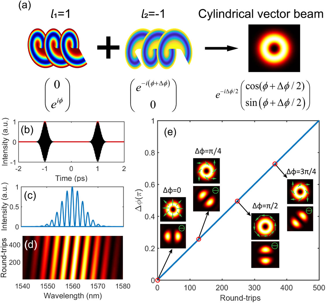 Principle of the OAM-resolved method. (a) Interference pattern created by two optical vortices with topological charges l1=1 and l2=−1; (b), (c) temporal and spectral properties of a simulated soliton molecule; (d) simulated spectral evolution over 500 round-trips in consideration of linear relative phase evolution; (e) the phase evolution retrieved from (d) and the corresponding interferometric patterns. Arrows are used to indicate the polarization distributions in each case. The lobes present the results measured behind a horizontal polarizer.