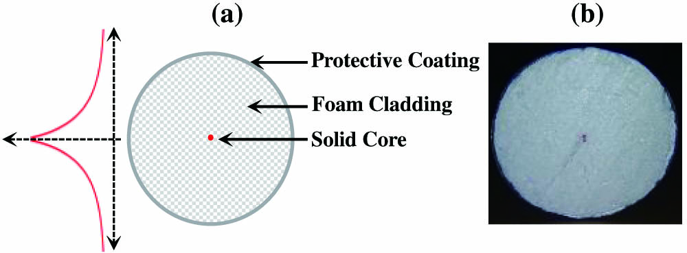 (a) Schematic of the rod-in-foam subwavelength THz fiber. Fiber outer diameter is chosen to accommodate ∼90% of the power guided by the identical rod-in-foam waveguide with infinite cladding. (b) Photograph of the rod-in-foam fiber.