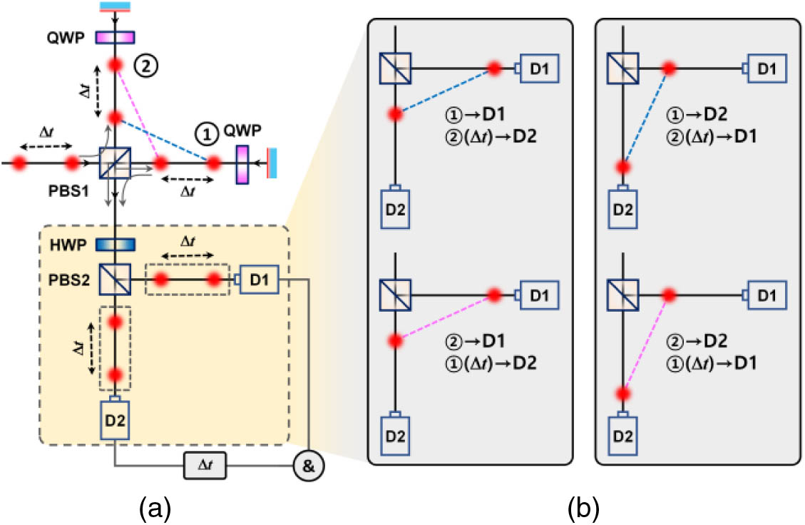 (a) Schematic depicting coincidence measurement of two temporally separated CW-mode coherent photons via temporal post-selection. (b) Feynman diagrams depicting indistinguishable events of the TSPT states at the output stage.