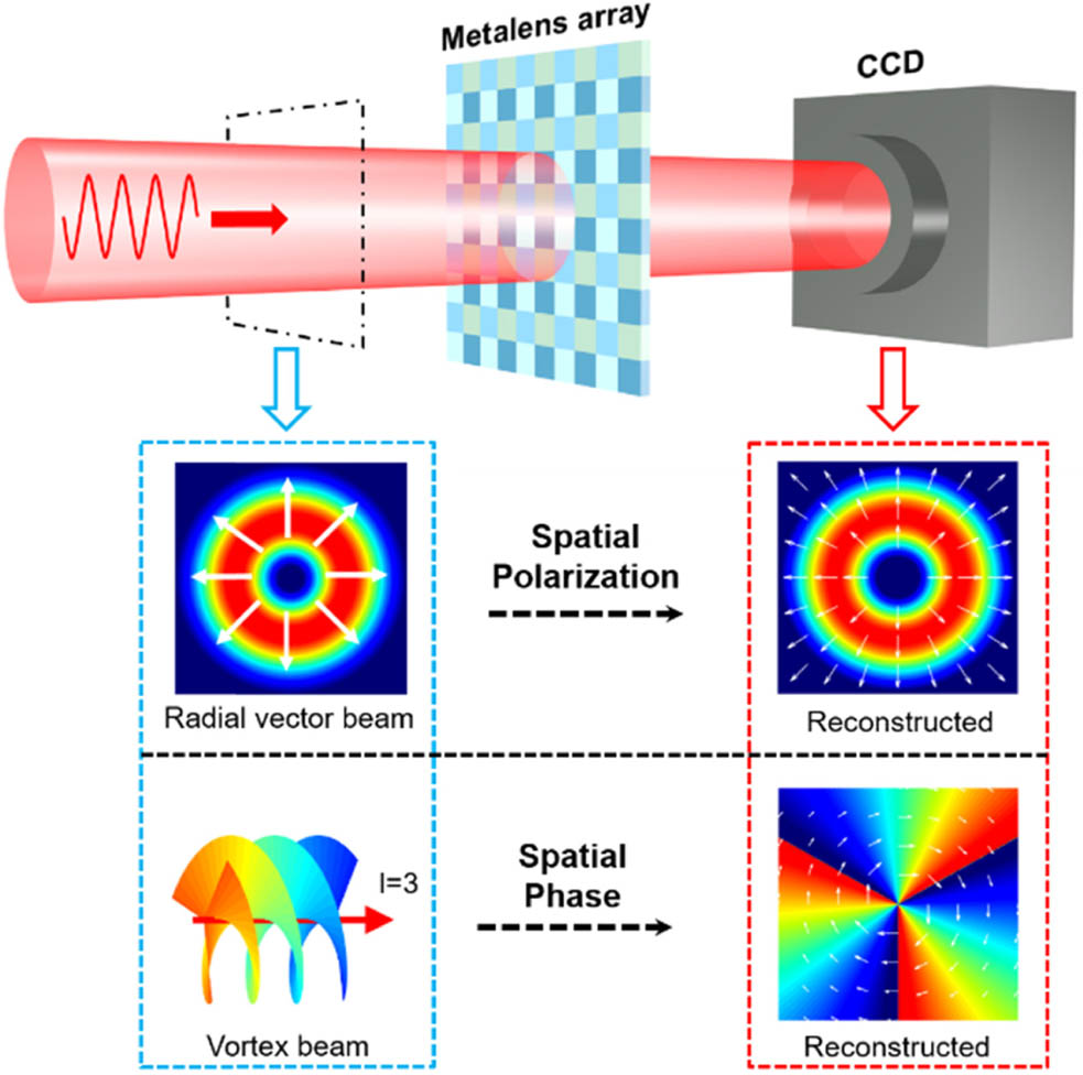 Schematic shows the dielectric metalens-based Hartmann–Shack array for a high-efficiency optical multiparameter detection system. The system can simultaneously measure the spatial polarization and phase profiles of optical beams. The colors are only used to enhance the clarity of the image and to distinguish metalenses with different polarization sensitivities in the array.