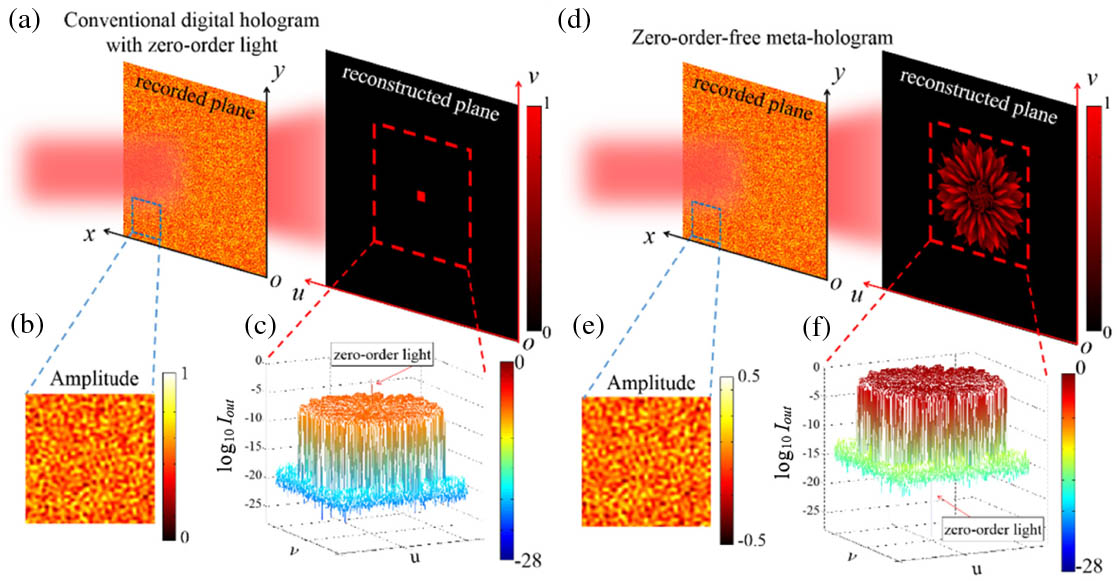Comparison of a conventional digital hologram with a zero-order-free meta-hologram. (a) A conventional digital hologram with amplitude distribution in an interval of [0,1]. (b) An enlarged view of the partial amplitude distribution. (c) The 3D intensity distribution of the reconstructed image containing strong zero-order light. (d) A zero-order-free meta-hologram with amplitude distribution in an interval of [−0.5, 0.5]. (e) An enlarged view of the partial amplitude distribution. (f) The 3D intensity distribution of the holographic image without the zero-order light.