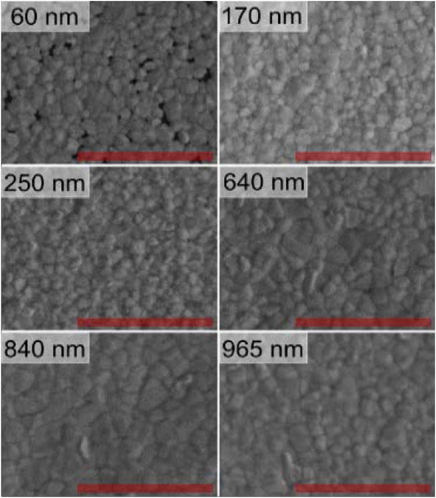SEM images of triple-cation perovskite films for all thicknesses. The red bar corresponds to a length of 2 μm.