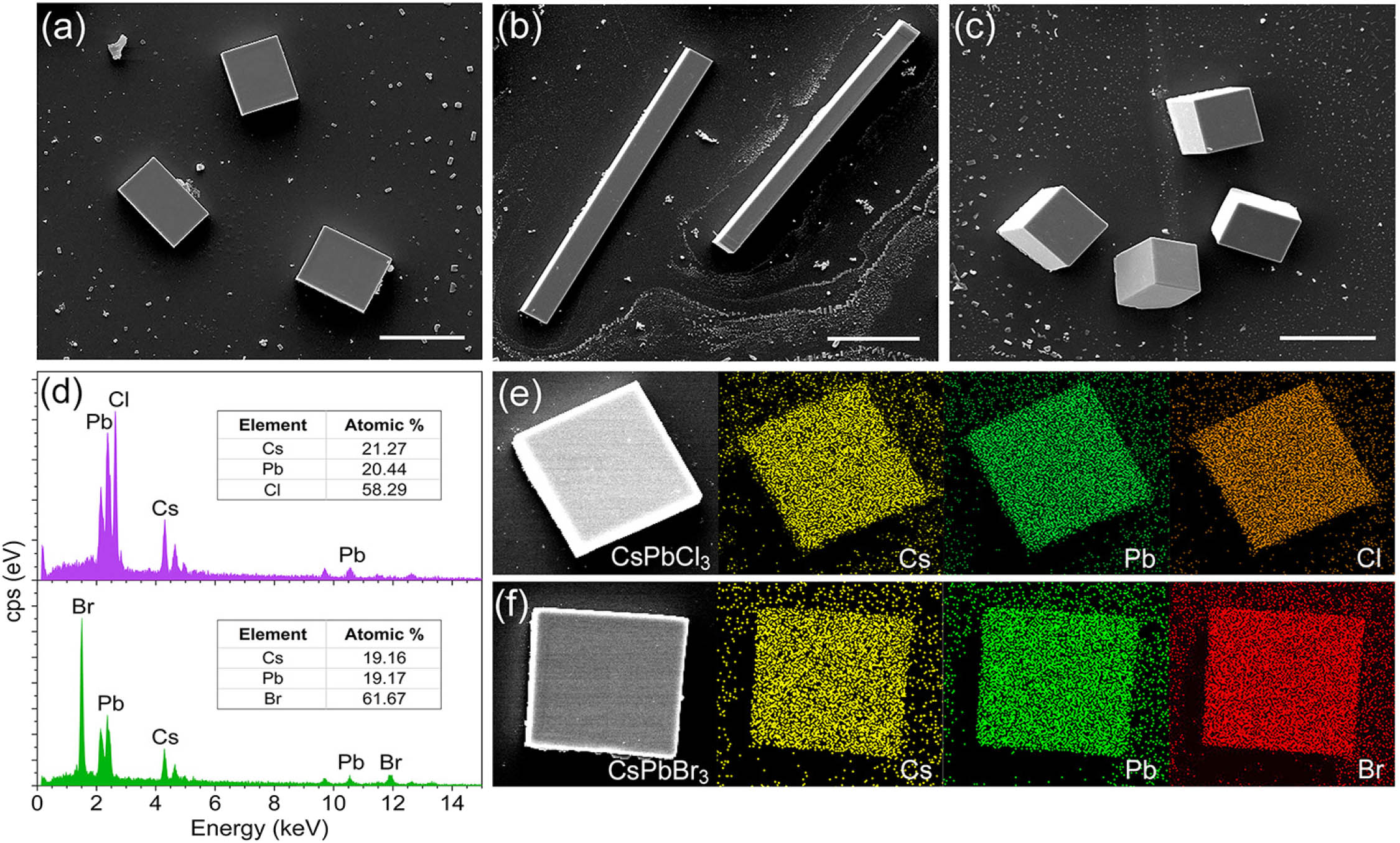 Geometry of the CsPbClxBr3−x single microcrystals on different substrates. SEM micrograph of CsPbBr3 on (a) single-crystal Si, (b) sapphire, and (c) amorphous quartz, with the reactant concentration of 40 mmol/L at an evaporation temperature of 40°C. Scale bars: 50 μm. (d) EDS spectra of the CsPbCl3 and CsPbBr3 microplates. Inset: atomic ratios of Cs/Pb/Cl and Cs/Pb/Br (∼1:1:3). (e), (f) EDS elemental mapping of the corresponding CsPbCl3 and CsPbBr3 microplates, respectively.
