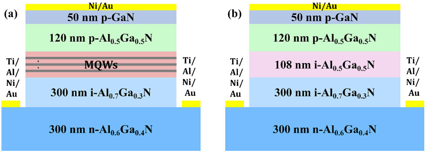 Photodiode structures (a) with and (b) without MQW.