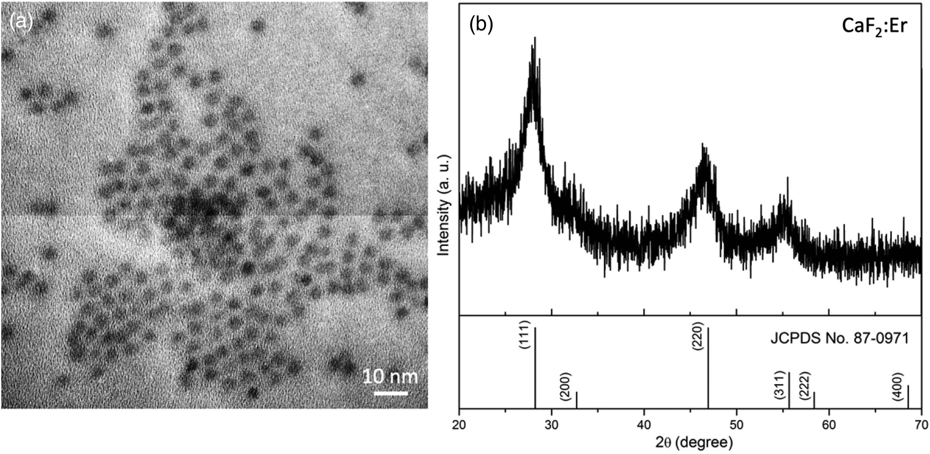 (a) TEM image and (b) powder XRD pattern of CaF2:Er3+ nanoparticles.