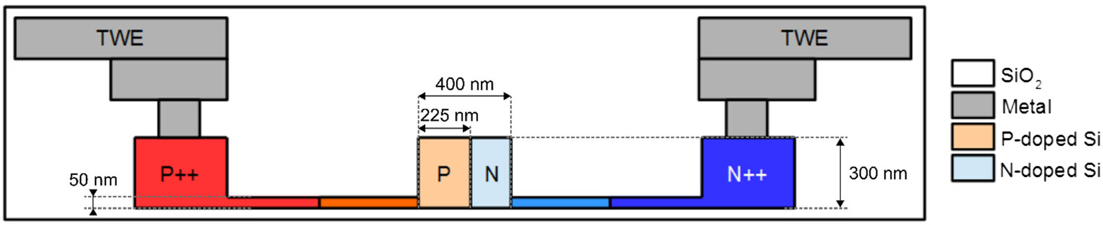 Schematic cross section of the phase modulator. A PN junction is created in the waveguide to leverage the free-carrier plasma dispersion effect in the depletion regime. Higher doping concentration is used near the metallic contacts in order to reduce the access resistance. The electrical signal travels through metallic travelling wave electrodes (TWEs).