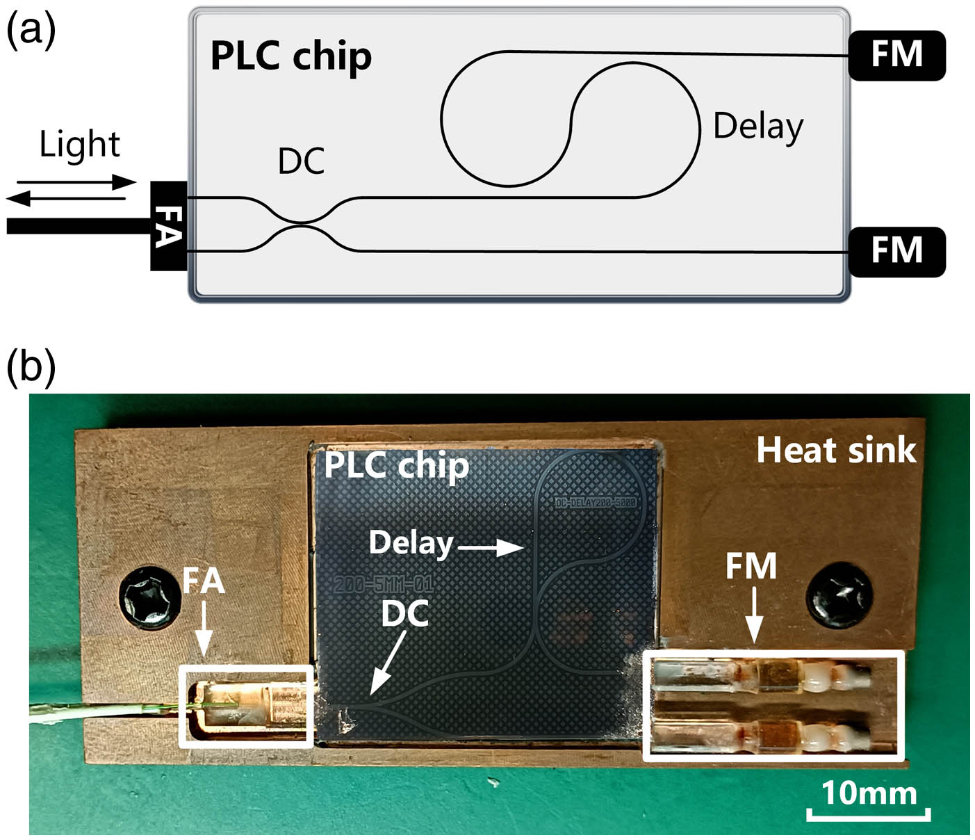 AFMI device. (a) Scheme of our AFMI. The interferometer combines an FA for photon coupling, a DC with the splitting ratio of 50:50, a 200 ps delay line, and two FMs; (b) photograph of our AFMI. The size of the chip is about 27.8 mm×23.1 mm, and the length of the FM is about 17.5 mm. A copper heat sink with a TEC and a thermistor is attached to the back of the chip. The entire system is packaged in an aluminum box with temperature isolation (not shown in this figure).