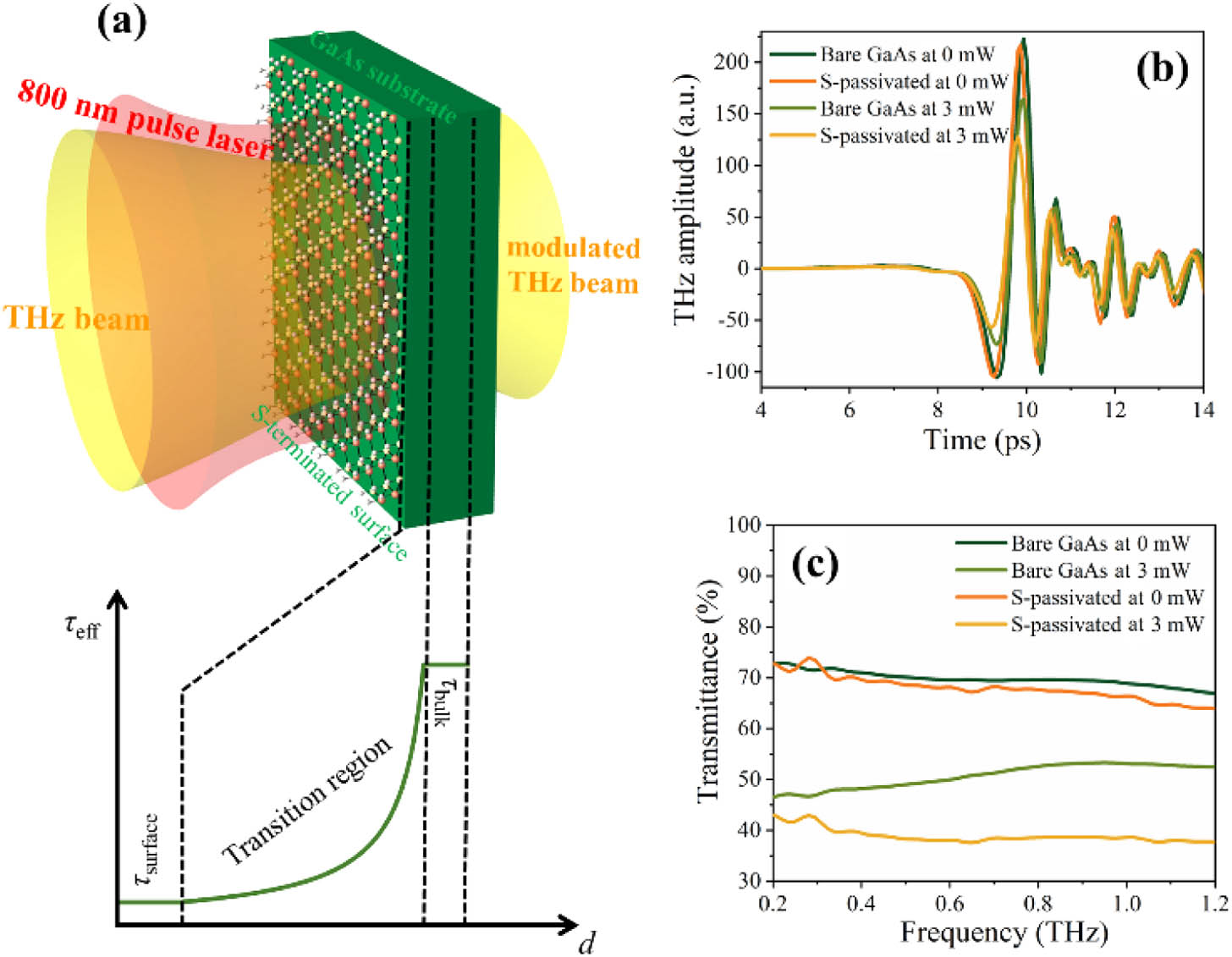 Characterization of THz modulation performance through the S-passivated and bare GaAs samples. (a) Schematic of the S-passivated GaAs based all-optical spatial THz modulator, where an 800 nm pulse laser is adopted as optical excitation, which has a spot diameter of 5 mm to completely encapsulate the incident THz beam (3 mm). Bottom graph illustrates the penetration depth (d) dependence of the effective carrier lifetime (τeff) when the photodoping power is varied. (b) Detected transmitted time domain spectra; and (c) corresponding frequency domain spectra calculated from (b).