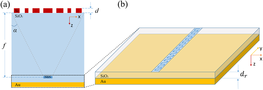 (a) Schematic diagram of the structure of HCG-SNSPD. HCG is located at the top of the structure. It is made of a high-refractive-index material Si with a thickness of d. There is a vacuum gap between the gratings. The material of the layer below HCG is SiO2. Incident light passes through HCG to focus on the SiO2 layer. The focal length is f. The NbN nanowire is located at the focal position, and there are several thick layers of SiO2 and an Au layer below the nanowires. α is the angle between the gray dotted line (from the edge of the structure to the focal point) and the vertical direction. (b) Schematic diagram of the position of the nanowires, resonant cavity, and Au mirror at the bottom of the HCG-SNSPD. The shaded part indicates the focused bar, the meandering structures are the nanowires, and dr is the thickness of the resonant cavity.