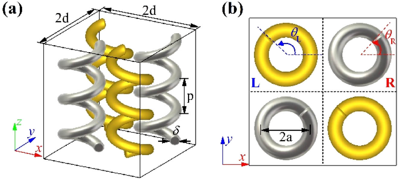 (a) Schematic of a unit cell of the racemic metallic helix array. (b) Top view of the unit cell.
