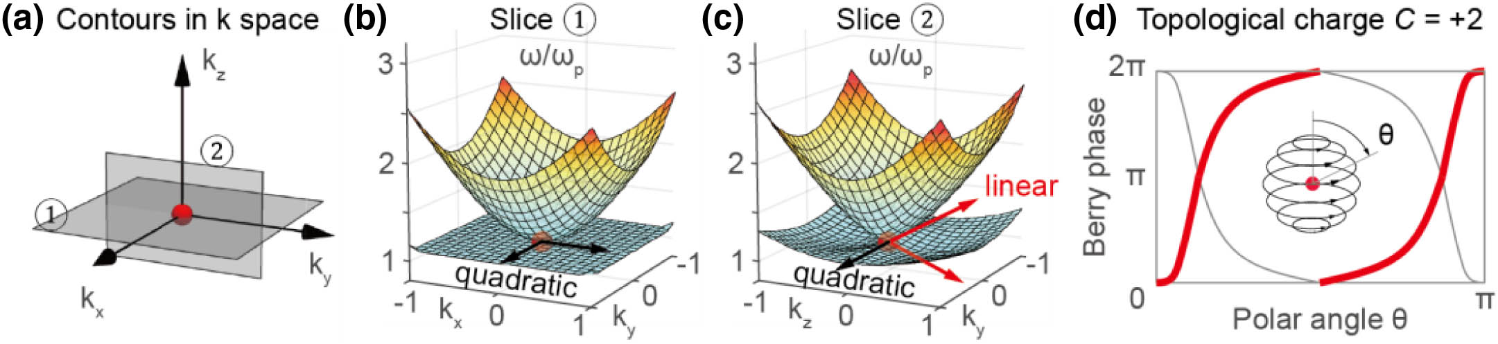 Quadratic Weyl point in Hermitian anisotropic chiral plasma. (a) Isofrequency contour at the plasma frequency in the k space, where QWP is at the k=0 point. (b) Quadratic in-plane dispersion. (c) Linear out-of-plane dispersion. (d) As χ<0, the accumulated Berry phase of the circle over the sphere that encloses QWP is +4π for the upper band (in red), indicating C=+2.