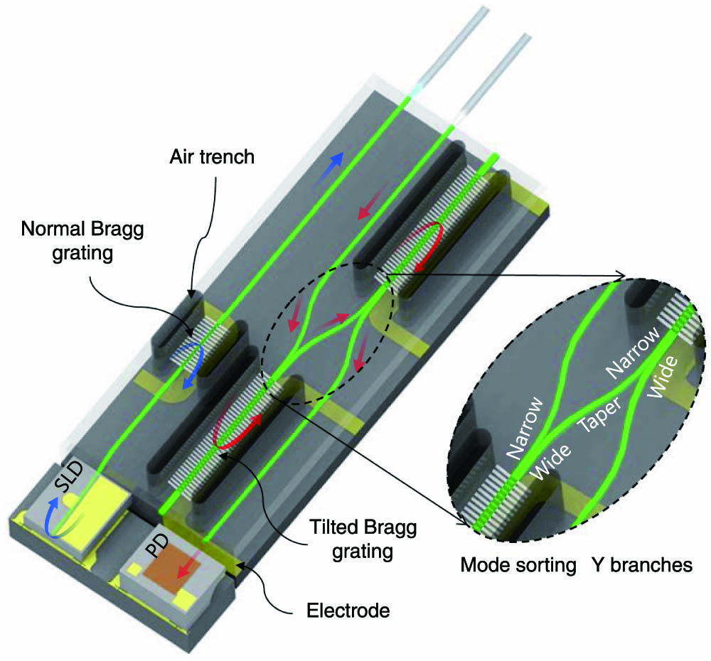 Schematic diagram of the tunable transceiver consisting of a tunable laser and tunable wavelength filter based on polymer waveguide Bragg reflectors. The tunable laser consists of an SLD gain chip attached at the end of the polymer waveguide with a Bragg grating at the other end. The tunable wavelength filter has two stages: an inclined Bragg grating as well as the mode-sorting Y branches.