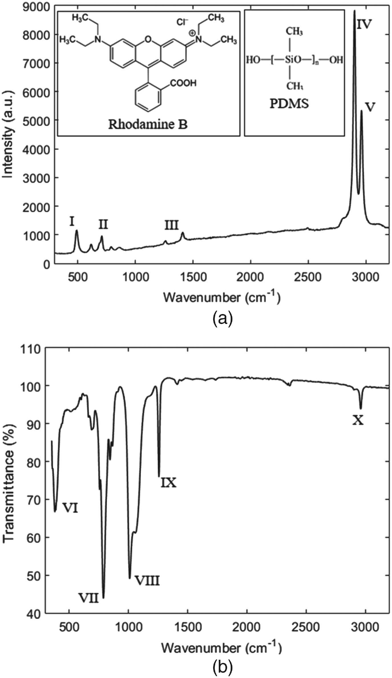 (a) Raman and (b) infrared spectra of the dye-doped PDMS optical fiber. Figure inset shows the molecular structures of PDMS and rhodamine B.