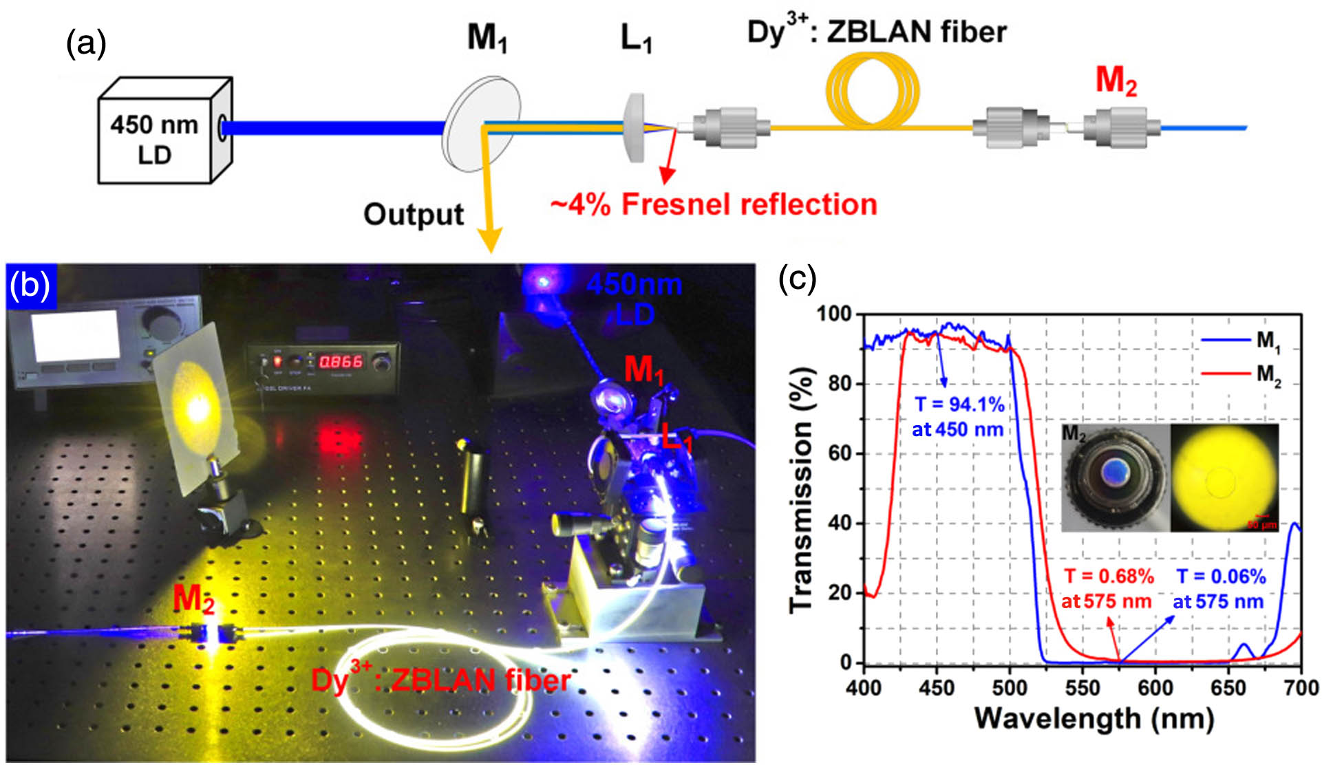 (a) Schematic and (b) photograph of the proposed yellow Dy3+-doped fiber laser; (c) optical transmission spectra of the yellow-reflection mirror (M1) and the fiber end-facet mirror (M2), respectively [insets, photo (left) and microscopic image (right) of the M2].