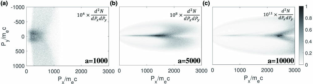 Electron number density in the momentum space Px−Py at focusing time tf and ne0=1011 cm−3 for (a) a=1000, (b) a=5000, and (c) a=10,000, respectively. The Px and Py are normalized by mec.