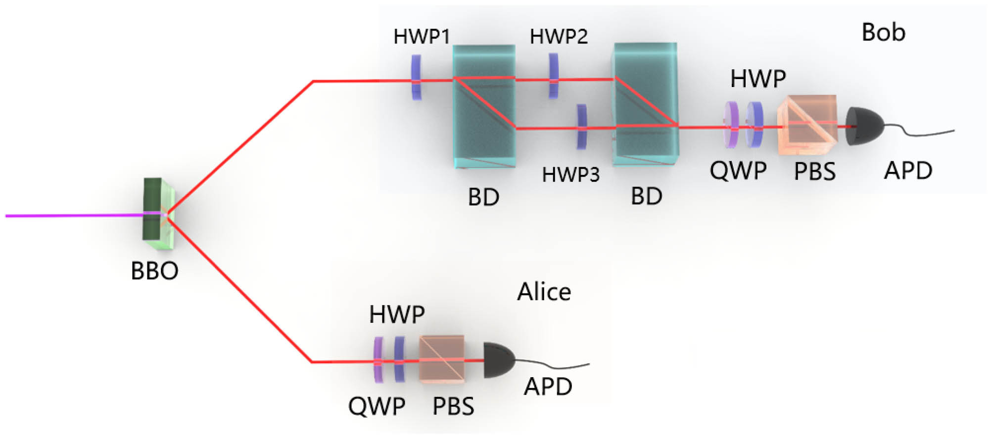 Experimental setup. Polarization-entangled photons pairs are generated via nonlinear crystal. An asymmetric loss interferometer along with half-wave plates (HWPs) is used to prepare two-qubit pure entangled states. The projective measurements are performed using wave plates and polarization beam splitter (PBS).