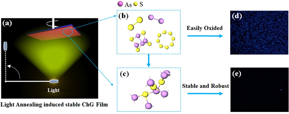 (a) Schematic of the improved As2S3 film by an in situ light-induced annealing process. The molecular structures of the As2S3 (b) before and (c) after annealing. The optical microscope images in dark field mode of As2S3 film: (d) oxidated before annealing; (e) maintained stability after the annealing process in the air.