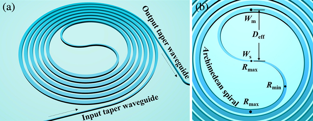 (a) 3D view of the proposed ultralow-loss and compact silicon photonic waveguide spiral. (b) Enlarged view of tapered Euler-curve S-bend in the middle.