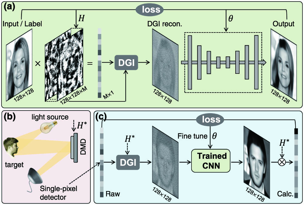 Schematic diagram of the physics enhanced deep learning approach for SPI. (a) The physics-informed DNN. (b) The SPI system. (c) The model-driven fine-tuning process. The face images were taken from CelebAMask-HQ [28].