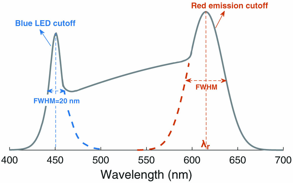 Blackbody spectrum for CCT of 4000 K that is cropped by the blue LED spectrum on the left side, and the red quantum dot spectrum (represented by a Gaussian distribution) on the right side.