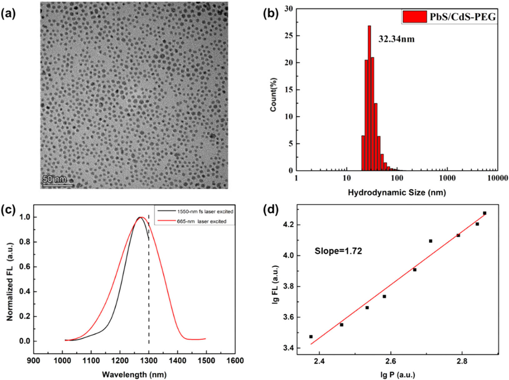 Morphological characterization and optical properties of PbS/CdS quantum dots (PbS QDs). (a) Transmission electron microscopy (TEM) image of PbS QDs. (b) Dynamic light scattering (DLS) profile of PbS QDs. (c) One-photon and multiphoton fluorescence spectra of PbS QDs. (d) Relationship of 1550 nm fs excitation power and fluorescence intensity from QDs.