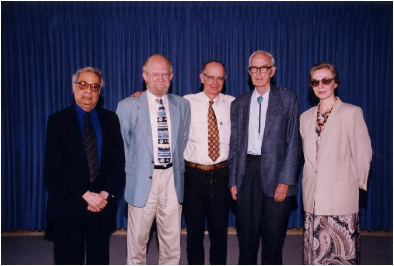 Left to right: Ali Javan, Paul Mandel, Marlan Scully, Willis Lamb, and Olga Kocharovskaya (provided by Marlan Scully).