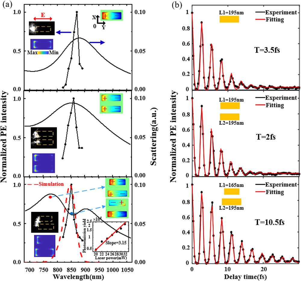 Near-field and far-field properties and ultrafast dynamics of the three structures. (a) Normalized experimental near-field spectra of the isolated nanorod (L = 195 nm), symmetric nanorod dimers (L1 = L2 = 195 nm), and asymmetric nanorod dimers (L1 = 165 nm, L2 = 195 nm) with corresponding simulated far-field scattering spectra. The near-field (∫|E(t)|6dt) spectrum of the asymmetric nanorod dimer is simulated by FDTD as shown in the red dotted line. The left insets are corresponding experiment PEEM images and the simulated PEEM images obtained by calculation (∫|E(t)|6dt) in the plane of incidence. The red arrow indicates the polarization of the excitation light along the x-axis as p-polarization. The right insets show the simulated charge distribution of the corresponding structures. The bottom is the double-logarithmic plot of the integrated photoemission signal versus the laser power yielding a slope of 3.15 in a linear fitting for the asymmetric nanorod dimer. (b) Corresponding PE intensity as a function of delay time between pump and probe pulses with fitted dephasing times.