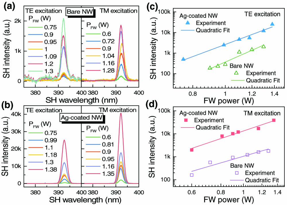 Enhanced frequency conversion from the Ag-NP-decorated ZnTe/ZnO NW plasmonic–dielectric coupler. (a), (b) Power-dependent SHG outputs of bare and Ag-NP-decorated ZnTe/ZnO NWs under TE and TM excitations, respectively; (c), (d) their respective quadratic relationships of average pumping power and SHG outputs under TE and TM excitations.